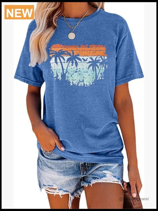 Tops - Women LA Graphic Letter Print Short Sleeve Tee Loose Casual Top